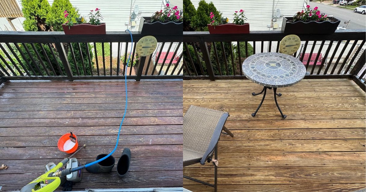 Wood Deck & Railing — before and after pressure washing by GMT Power Wash